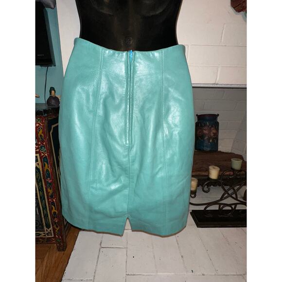 VINTAGE 80's EIGHTIES VAKKO AQUA TURQUOISE LEATHER SKIRT - Picture 2 of 8